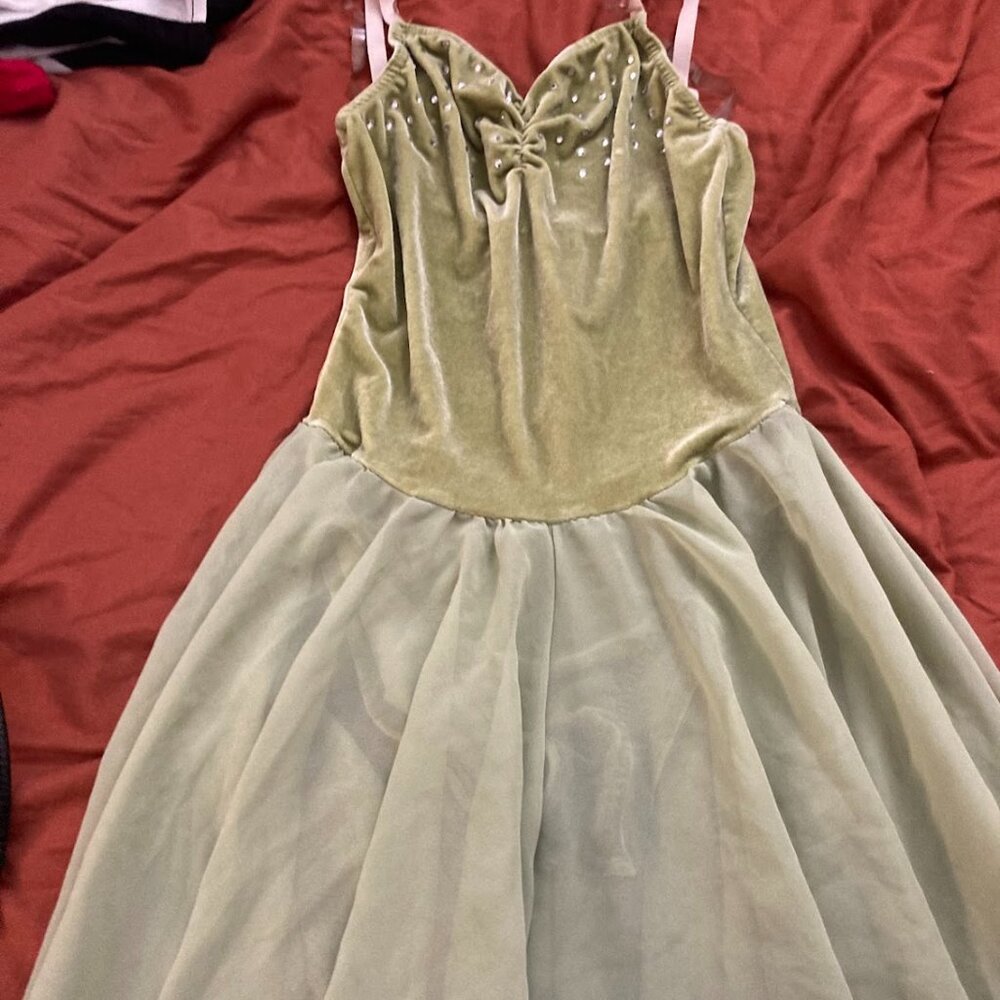 Green velvet dance leotard with mesh split skirt